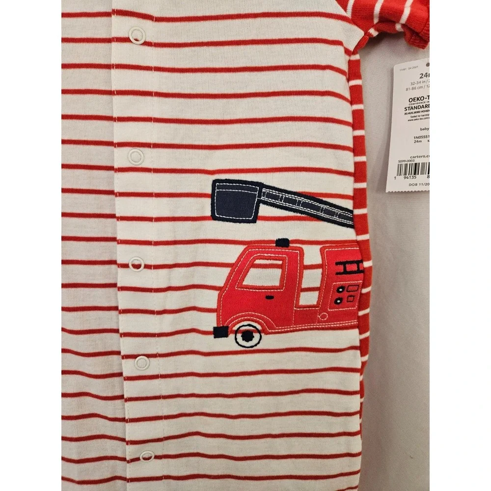 Carters 6 Month‎ One Piece Jumpsuit Navy Blue White Striped with Fire Truck Boys